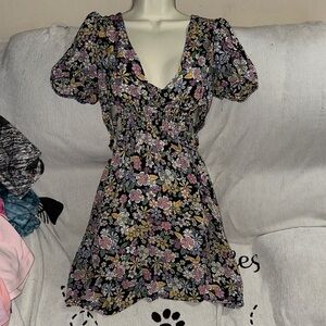 Lorena Rose sheer deep V Neck side cut outs Floral Black Dress New